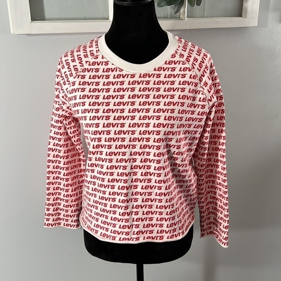 Levi’s All Over Spell Out Crop Sweatshirt Raw Hem Red White Cozy Casual S NWT - Picture 2 of 11